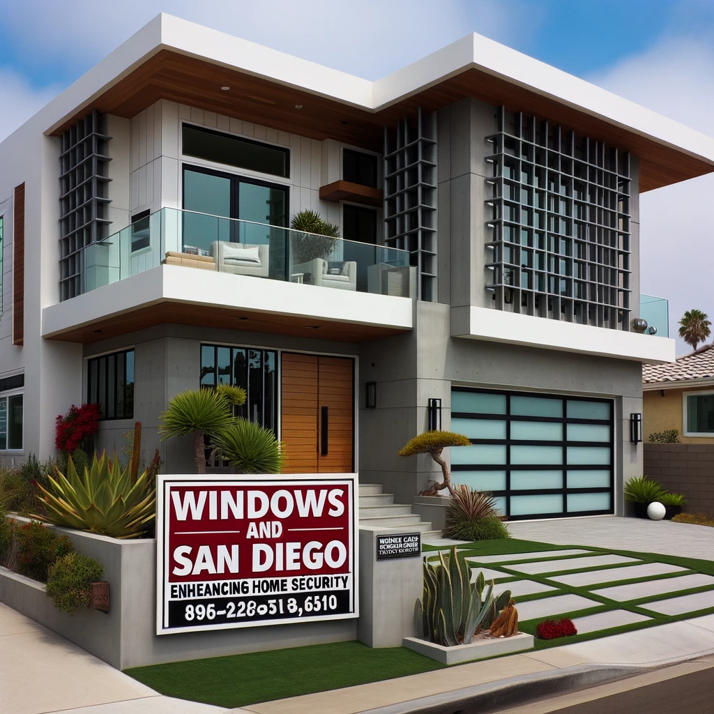 Contemporary San Diego home showcasing modern windows and doors with a large 'Windows and San Diego' advertisement emphasizing home security.