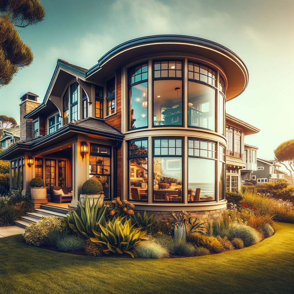 Modern San Diego home with large bay windows, coastal design, and a lush garden, illustrating a harmonious blend of contemporary architecture and natural beauty.
