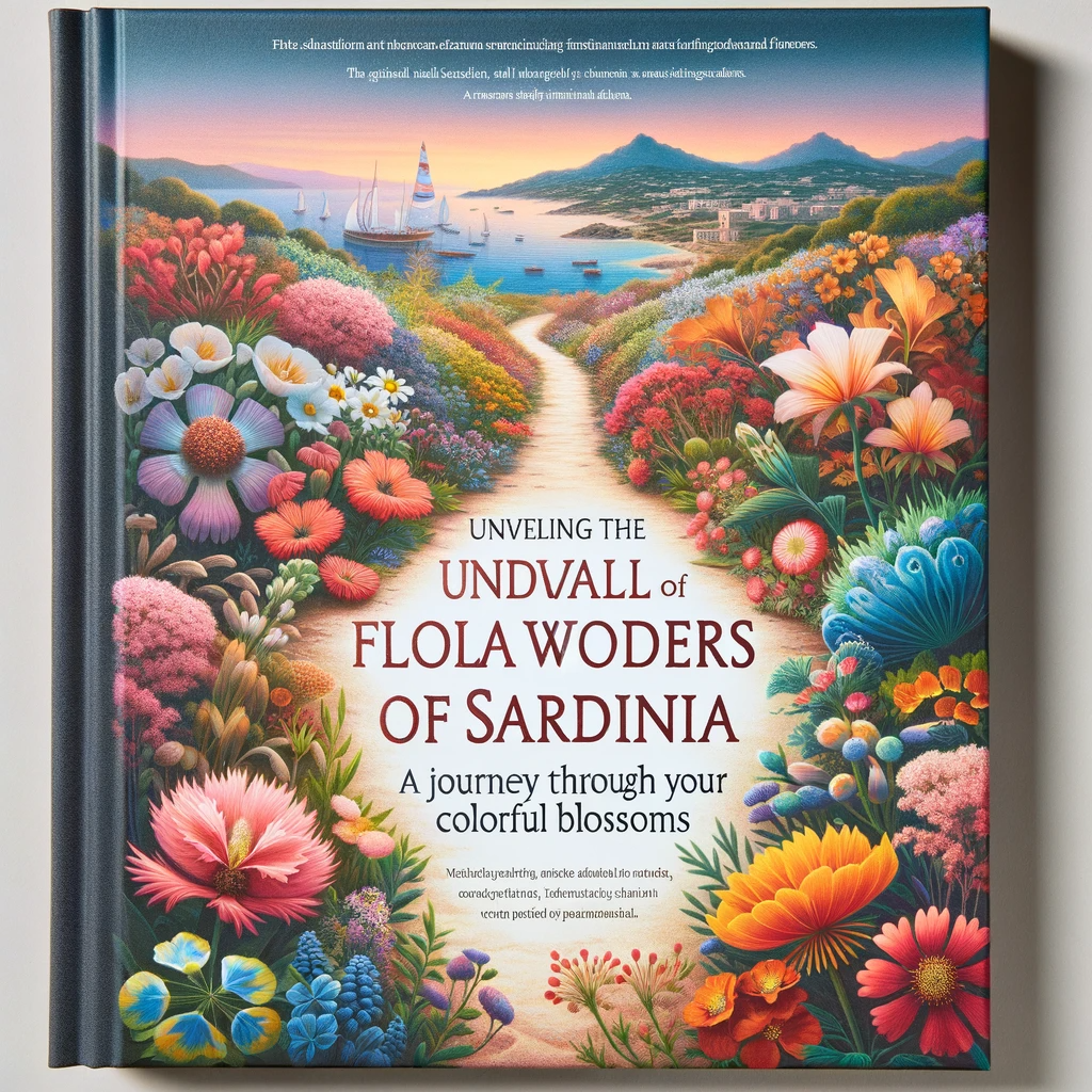 Book cover depicting the diverse flowers of Sardinia, titled 'Unveiling the Floral Wonders of Sardinia: A Journey Through Its Colorful Blossoms'.