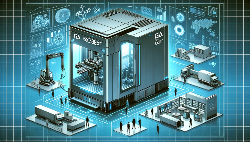 A digital illustration showcasing the GA 60x36EXT machine in multiple commercial settings, including a high-tech manufacturing floor, a modern research laboratory, and a logistics warehouse, highlighting its adaptability and advanced technology.